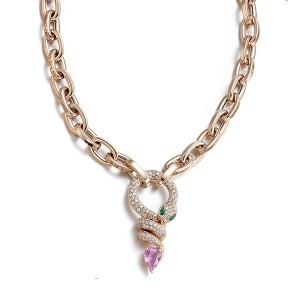 18K Diamond Snake Pendant on Oval Link Necklace